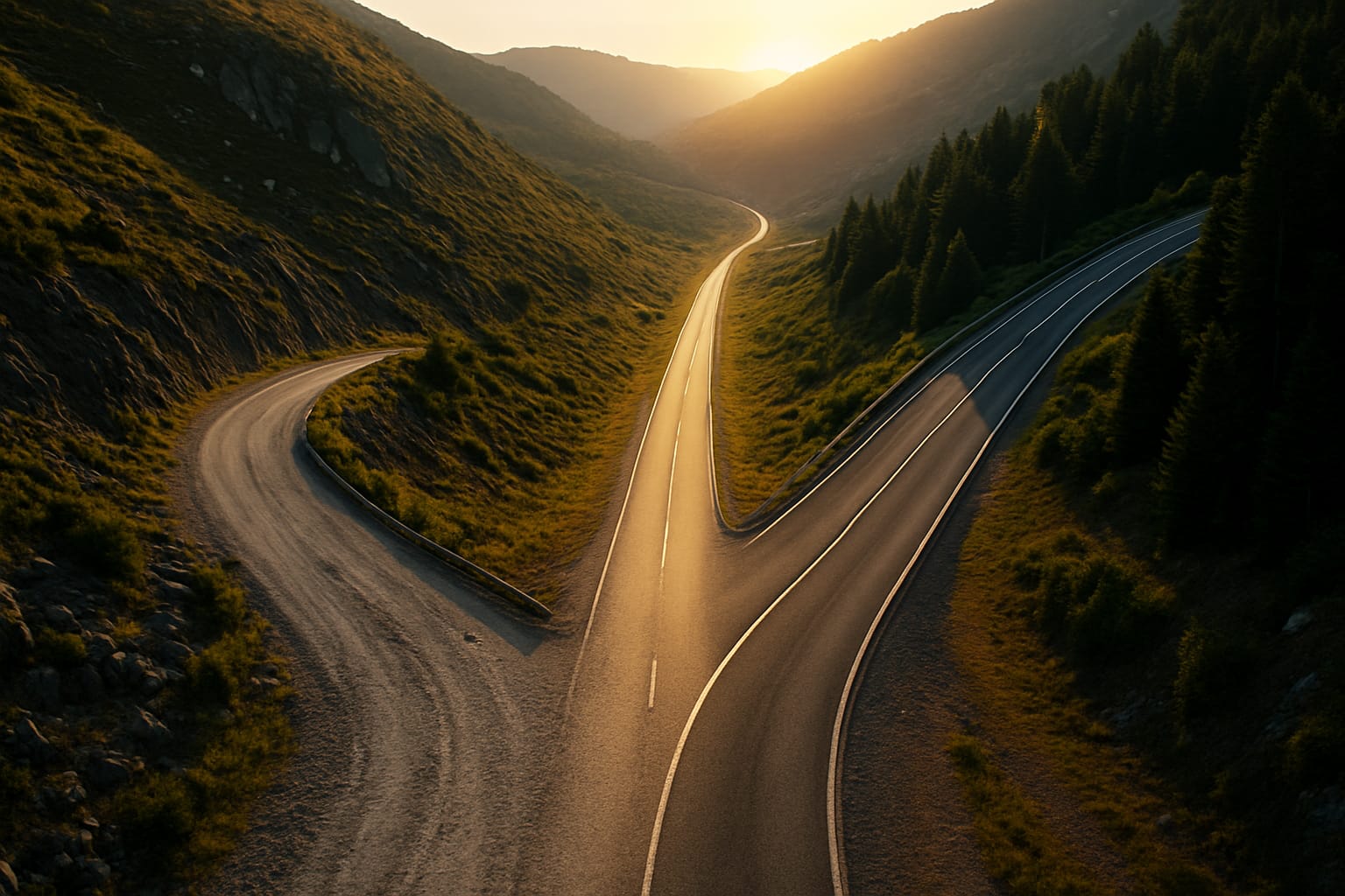 Camino en Y al atardecer que simboliza decisiones estratégicas: elegir rumbos con criterios claros y visión a largo plazo.