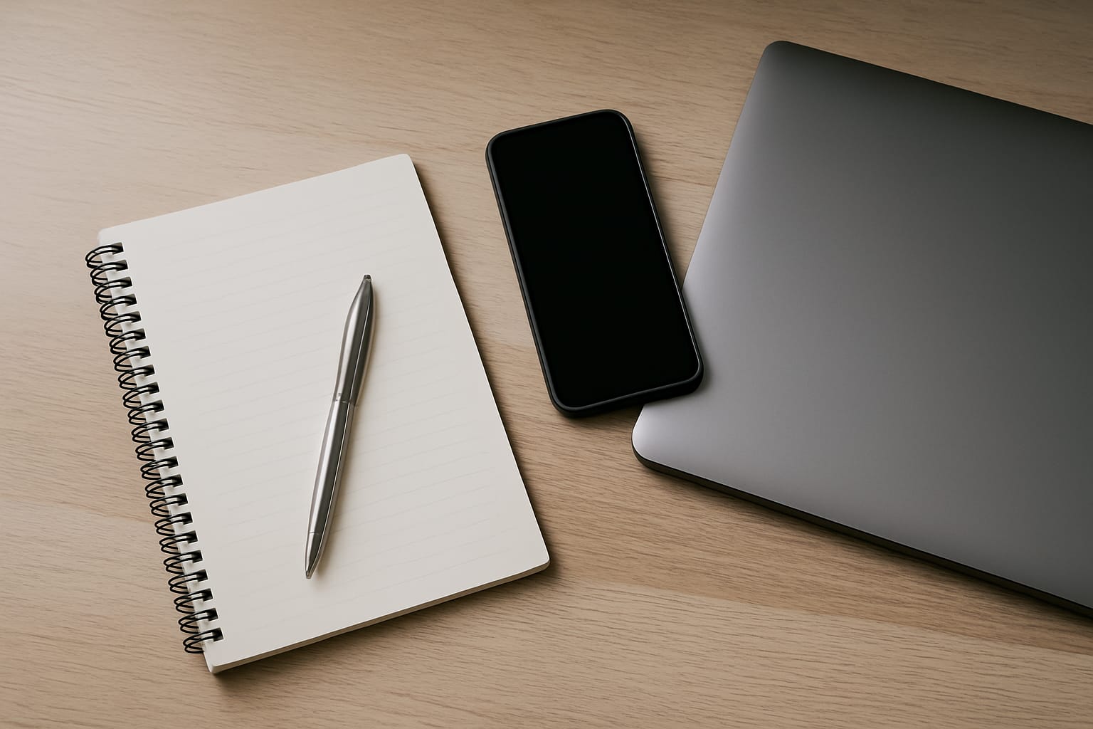 Escritorio minimalista con cuaderno, pluma y teléfono boca abajo que simbolizan enfoque estratégico sin distracciones digitales.